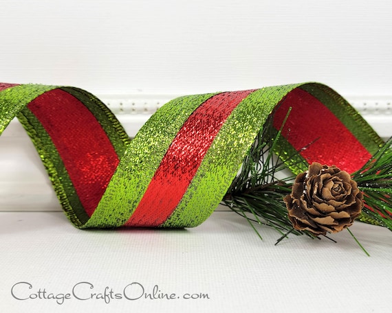 Christmas Wired Ribbon, 1.5 Wide, Lime Green and Red Metallic Stripe TEN  YARD ROLL Lime Regina Tri-stripe Wire Edged Ribbon 