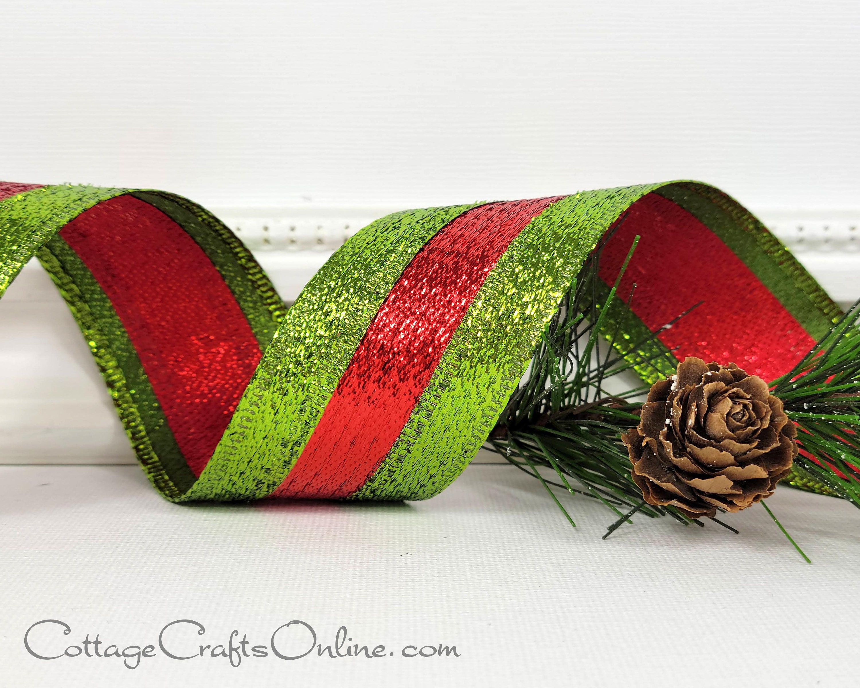 Christmas Wired Ribbon, 1.5 Wide, Lime Green and Red Metallic Stripe TEN  YARD ROLL Lime Regina Tri-stripe Wire Edged Ribbon -  Finland