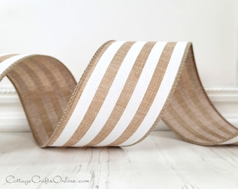 Striped Wired Ribbon, 2.5" wide, Beige and White TEN YARD ROLL ~ Jodie Tan Stripe 40 ~ Summer, Spring, Fall Wire Edged Ribbon