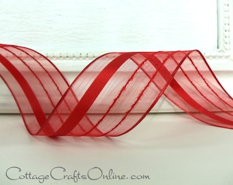 FIVE YARDS, Wired Ribbon, 1 1/2" wide, Red Striped Semi-Sheer - Offray "Kempton Red", Valentine, Christmas Wire Edged Ribbon