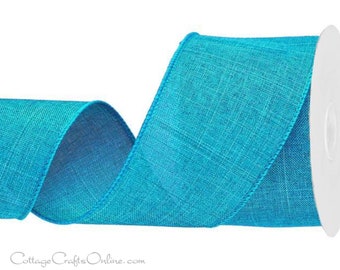 Wired Ribbon, 2.5" Turquoise Blue Faux Linen - TEN YARD ROLL ~ Divinely Royal Turquoise 40 ~ Spring, Summer Wire Edged Ribbon