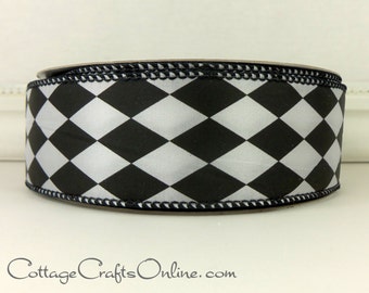 TWENTY FIVE YARD Roll, Wired Ribbon, 1.5" wide, Black and White Harlequin Diamond -  Offray  ~ Court Jester ~ Craft Wire Edge Ribbon