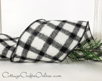 d. Stevens , 4", Black and White Check Flannel, TEN YARD Roll ~ Windowpane Grid  ~ Christmas Buffalo Plaid Wired Ribbon