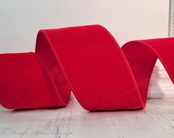 Wired Ribbon, 2.5" Red Velveteen - TEN YARD ROLL ~ Farrisilk ~ Christmas Decor, Valentine Craft Wire Edged Ribbon
