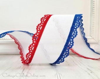 Lace Wired Ribbon, 2.5", Red and Blue Scalloped Eyelet Edge, White Linen Look, TEN YARD ROLL ~ Julia ~ Patriotic, July 4th