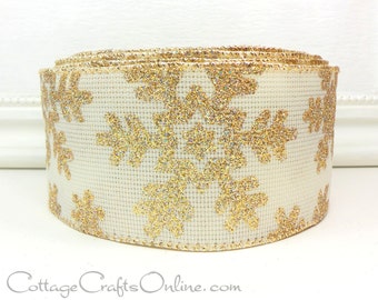 TWENTY YARD R0LL, Christmas Wired Ribbon, 2.5" wide, Gold Glitter Snowflakes, Ivory Textured Weave ~ Glamour ~ Wire Edged