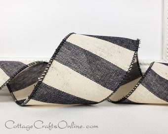 Wired Ribbon, 2 1/2" wide, Charcoal and Cream Wide Stripe - TEN YARD ROLL -  d Stevens ~ Charcoal Lines ~ Wire Edged Ribbon