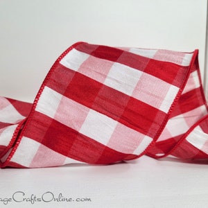 d. Stevens Wired Ribbon, 4", Red and White Faux Silk Dupioni - TEN YARD ROLL ~ Savoy Red ~ Christmas, July 4th Plaid Check Wire Edged Ribbon