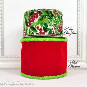 Christmas Wired Ribbon, 2.5, Red Glitter Berries and Greens, Checkered Back, TEN YARD ROLL, d. Stevens Holiday Foliage Wire Edge image 7