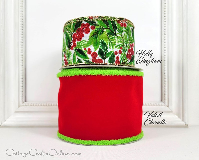 Christmas Wired Ribbon, 2.5, Red Glitter Berries and Greens, Checkered Back, TEN YARD ROLL, d. Stevens Holiday Foliage Wire Edge image 7