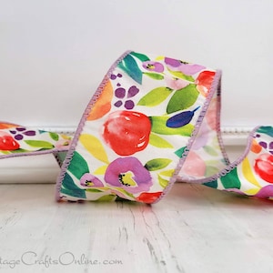 d. Stevens Wired Ribbon, 2.5&quot;, Flower Print, TEN YARD ROLL ~ Mati Watercolor Floral Garden Mix ~ Red-Orange, Blue, Purple, Green Wire Edged