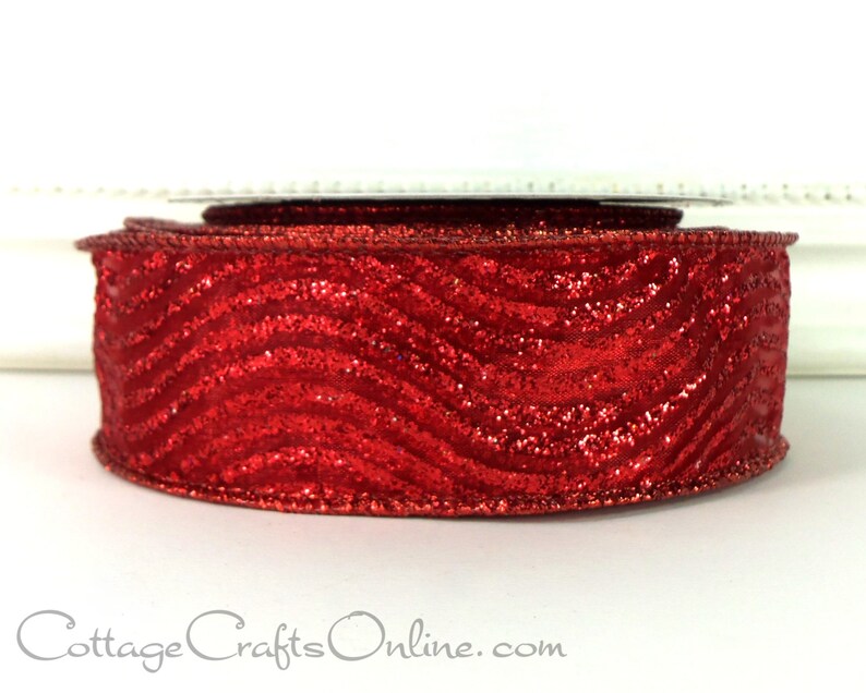 Valentine Craft Wire Edged Ribbon Red Wavy Striped Glitter Offray Curtsy #L91103 Christmas TWENTY FIVE YARDS 1 12 wide Wired Ribbon