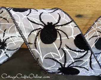 SEVEN & 7/8 YARDS, Halloween Wired Ribbon, 2.5", Black Flocked Spiders and Web, White Sheer ~ Herman Weblee" # 8123112 Wire Edged Ribbon