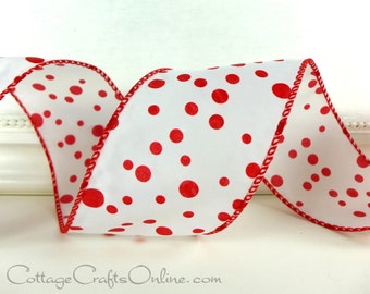 THREE YARDS, 2.5", Red Polka Dots on White Satin ~ Offray ~ Scatter Dots ~ Valentine, July 4th, Christmas Wire Edged Ribbon