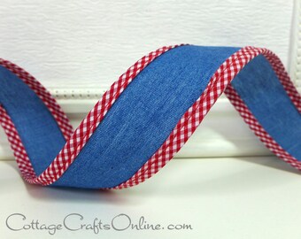 Wired Ribbon, 1 1/2", Denim Blue, Red Checked Edge - THREE & 2/3 YARDS - "County Fair" #70308 Western, Americana Wire Edged Ribbon