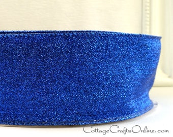 THREE YARDS, Wired Ribbon, 2 1/2", Blue Sparkle Glitter - Offray ~ Sparkle Plenty ~ July 4th, Hanukkah Craft Wire Edged Ribbon