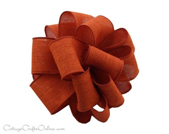 THREE YARDS Fall Wired Ribbon, 1.5", Rust Burnt Orange Faux Linen - Offray ~ Divinely Royal ~ Thanksgiving, Autumn Wire Edged Ribbon