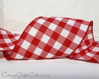 d. Stevens Wired Ribbon, TEN YARD ROLL, 4"  Red and White Large Check - Linen Look Plaid, Summer,  Christmas Wire Edged Ribbon