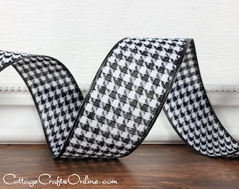 Wired Ribbon, 1 1/2",  Black and White Houndstooth ~ TEN YARD ROLL ~ Houndstooth 9 ~ Check Christmas Craft Wire Edged Ribbon