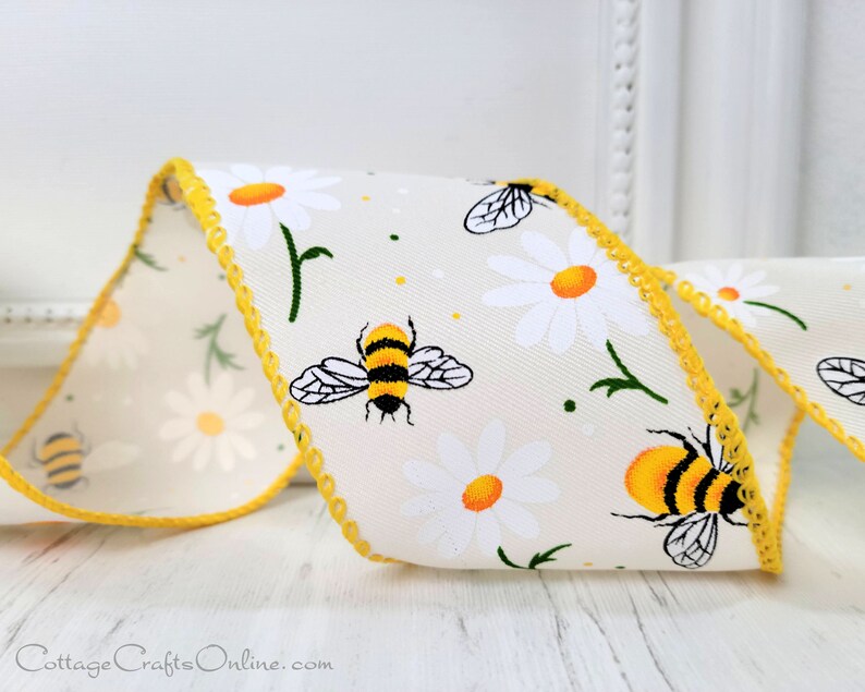 Wired Ribbon 2.5 Bumble Bees and White Daisies on White Twill TEN YARD Roll Bee Daisy Spring, Summer image 4