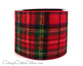 CLEARANCE! ~ THREE YARDS, 4" wide, Christmas Wired Ribbon, Red and Green Flannel Style Tartan Plaid ~ Scottish Plaid 3 ~  Wire Edged Ribbon