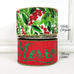 Christmas Wired Ribbon, 2.5, Red Glitter Berries and Greens, Checkered Back, TEN YARD ROLL, d. Stevens Holiday Foliage Wire Edge image 8