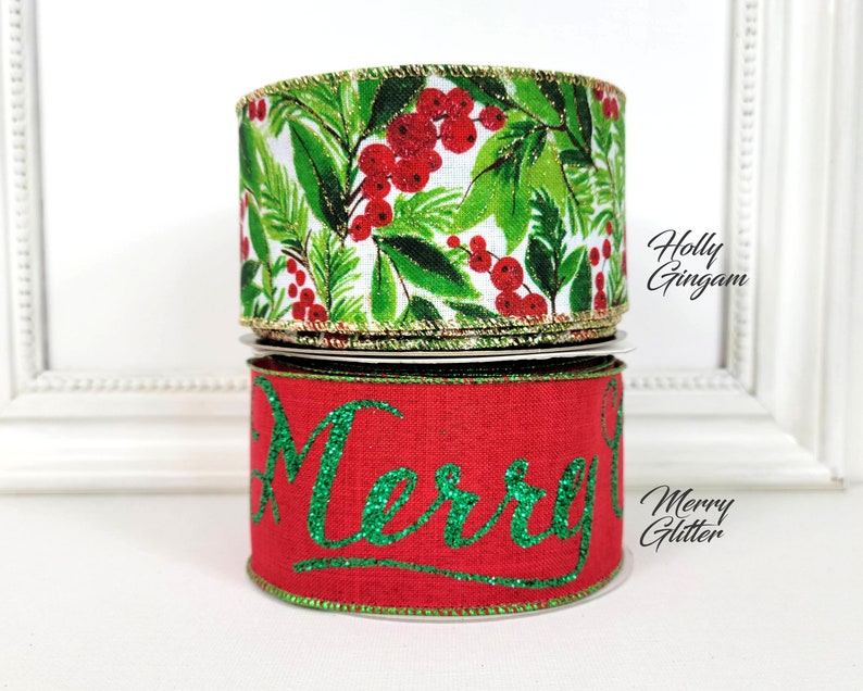 Christmas Wired Ribbon, 2.5, Red Glitter Berries and Greens, Checkered Back, TEN YARD ROLL, d. Stevens Holiday Foliage Wire Edge image 8