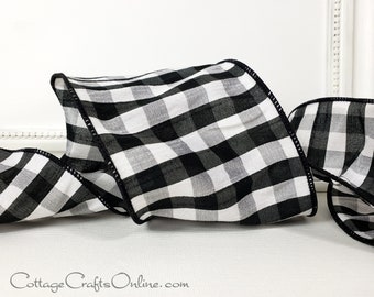 d. Stevens Plaid Wired Ribbon, 4", Black and White Faux Silk Dupioni - TEN YARD ROLL ~ Small Check 100 ~ Check Wire Edged Ribbon