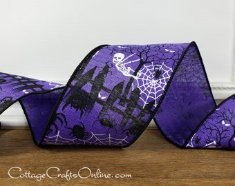 Halloween Wired Ribbon, 2.5", Spiders and Skeletons on Purple Linen Look - TEN YARD ROLL ~ Bones 'n Bats
