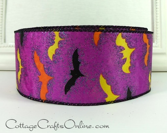 TWENTY FIVE YARD Roll, Halloween Wired Ribbon 2.5", Bats on Glittered Purple Satin ~ Bats Ville ~ Wire Edge Ribbon