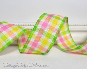 THREE YARDS,  Wired Ribbon, 1.5" wide, Pink, Yellow, Lime Green Check Plaid - Offray ~ Madras Pink 9 ~ Spring, Summer, Wire Edged Ribbon