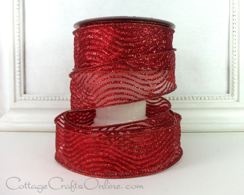 Valentine Craft Wire Edged Ribbon Red Wavy Striped Glitter Offray Curtsy #L91103 Christmas TWENTY FIVE YARDS 1 12 wide Wired Ribbon