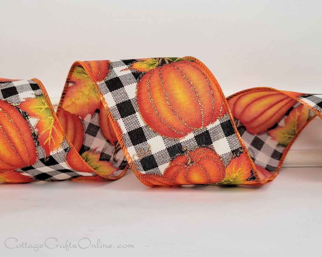 Pumpkin Ribbon Rhinestone Fall Wired Ribbon, 2.5