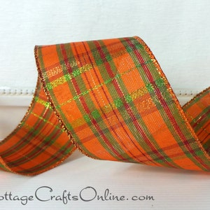 THREE YARDS, Wired Ribbon, 2.5 Orange, Green, Cranberry Red, Green, Copper Metallic Plaid Fran Fall, Thanksgiving Wire Edged Ribbon image 4