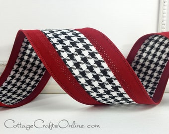 Christmas Wired Ribbon, 2.5", Red Velvet, Black White Houndstooth - TEN YARD ROLL ~ Scarlet Houndstooth S4 ~  Craft 2.5" Wire Edged Ribbon