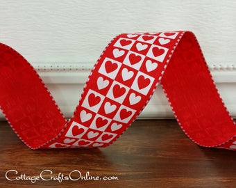 THREE YARDS, Valentine Wired Ribbon, 1 1/2" wide, Red Heart Block Print on Satin  - Offray "Heart Block" Wire Edged Valentine Ribbon