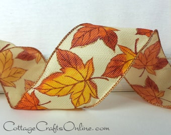 Fall Wired Ribbon, 2.5" wide, Orange Glittered Maple Leaf Pattern on Cream, TWENTY FIVE Yard Roll ~ Leafage ~ Wire Edged