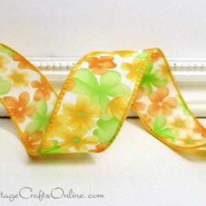 THREE YARDS, Wired Ribbon, 1.5, Yellow, Orange, Green Flower Print Offray Zina Yellow Easter, Spring, Floral Wire Edged Ribbon image 1