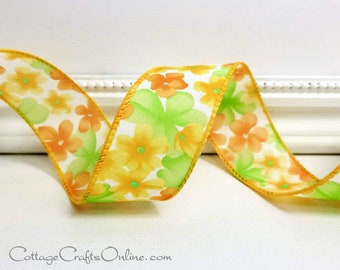 THREE YARDS, Wired Ribbon, 1.5",  Yellow, Orange, Green Flower Print  - Offray ~ Zina Yellow ~ Easter, Spring, Floral Wire Edged Ribbon