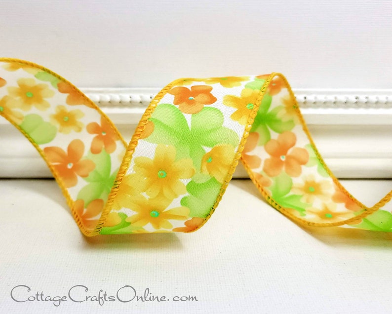 THREE YARDS, Wired Ribbon, 1.5, Yellow, Orange, Green Flower Print Offray Zina Yellow Easter, Spring, Floral Wire Edged Ribbon image 1