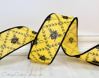 Wired Ribbon 1.5" Black Bumble Bees on Yellow Faux Linen - TEN YARD ROLL ~ Honey Bee Trellis 9 ~ Spring, Summer Craft Wire Edged Ribbon