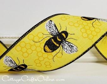 Wired Ribbon 2.5" Black and Yellow Bumble Bees on Yellow Faux Linen - TEN YARD ROLL - "Bee Linen" Spring, Summer Craft Wire Edged Ribbon