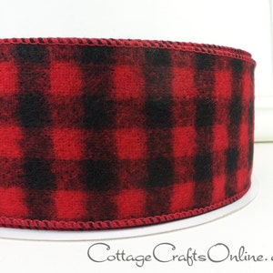 THIRTY THREE YARD Roll Buffalo Plaid Christmas Wired Ribbon, 2.5 wide, Red and Black Flannel Lumberjack Check Wire Edged Ribbon image 1
