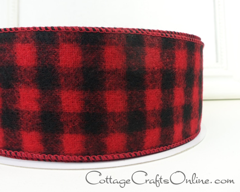 THIRTY THREE YARD Roll Buffalo Plaid Christmas Wired Ribbon, 2.5 wide, Red and Black Flannel Lumberjack Check Wire Edged Ribbon image 1