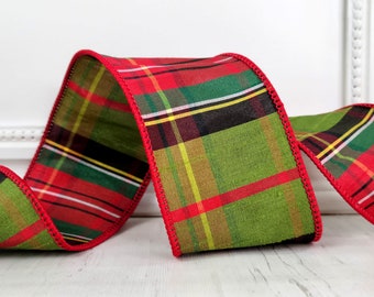 d. Stevens Christmas Wired Ribbon, 2.5", Olive Green, Red Faux Dupioni Tartan Plaid - TEN YARD ROLL ~ Highland Moss ~ Wire Edged Ribbon