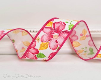 Wired Ribbon, 1.5" Pink, Green, Golden Yellow Flowers, Floral Print - TEN YARD ROLL ~ Laura Pink 9~ Spring, Summer Wire Edged