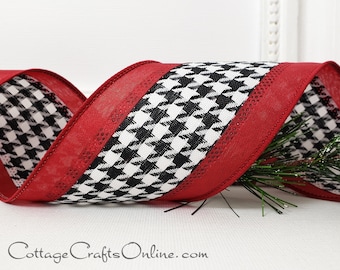 Christmas Wired Ribbon, 2.5", Red Satin, Black White Houndstooth ~ TEN YARD ROLL  ~ Scarlet Houndstooth ~  Craft 2.5" Wire Edged Ribbon