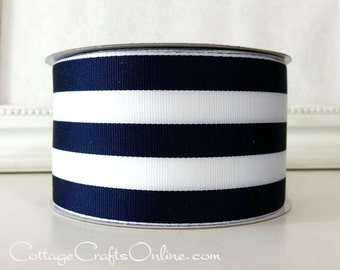 Wired Ribbon, 2.5" , Navy Blue and White Stripe - TWENTY FIVE YARD Roll - Offray "Carnival" Grosgrain Style Wire Edged Ribbon