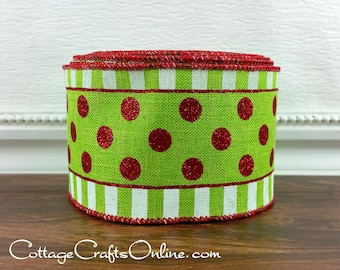 Christmas Wired Ribbon, 2 1/2", Red Glitter Polka Dots on Lime Green, Stripes  - TEN YARD ROLL  ~ Festive ~ Holiday  Wire Edged Ribbon