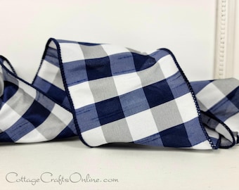 d. Stevens Wired Ribbon, 4", Navy Blue and White Faux Silk Dupioni - TEN YARD ROLL ~ Savoy Navy ~ Christmas Plaid Check Wire Edged Ribbon